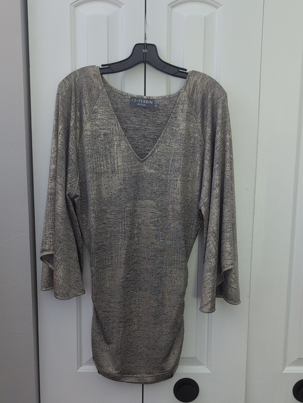 Metallic Taupe V-Neck Bell Sleeve Women's Mini Dress
